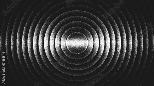 Minimalist stippling geometric design with concentric circles symbolizing infinity motion, depth, energy and vibration. Dynamic illusion of sound waves and ripples spreading endlessly in space. Vector