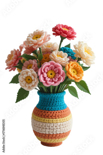 Colorful crochet flowers in a decorative vase, showcasing vibrant craftsmanship and artistry.