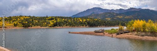 Crystal Lake Reservoir - A panoramic view of Crystal Lake Reservoir, with Pikes Peak towering in background, on a stormy Autumn day. Colorado Springs, Colorado, USA.