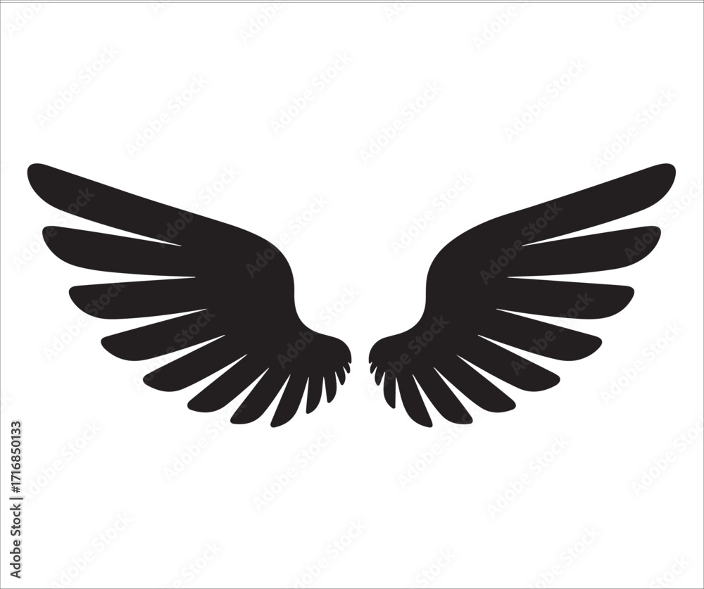 Obraz premium Pair of wings silhouette icon isolated on white background, black vector illustration of bird or angel wings, freedom and flight symbol design, abstract graphic for fantasy, aviation, and spiritual co