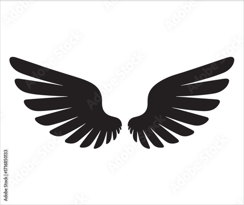 Pair of wings silhouette icon isolated on white background, black vector illustration of bird or angel wings, freedom and flight symbol design, abstract graphic for fantasy, aviation, and spiritual co