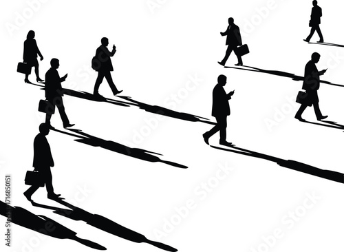 Silhouettes of people walking with briefcases and phones casting long shadows on a white background scene