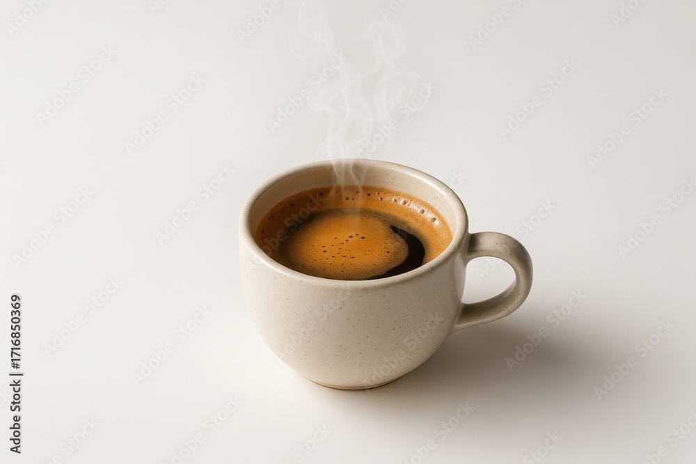 Naklejka premium Steaming cup of fresh coffee on pristine white background minimalist cafe style with aromatic vapor curls and soft shadows premium high key product shot