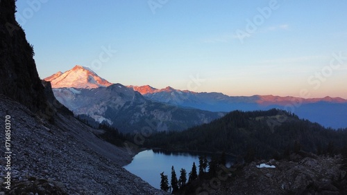 Sunrise over the mountain and lake