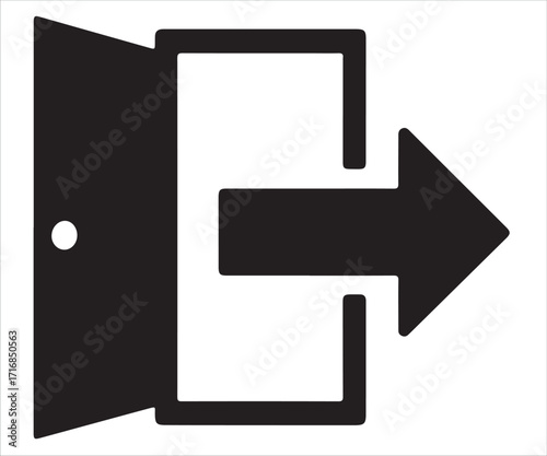 Exit door with arrow icon silhouette isolated on white background, emergency way out symbol, black vector illustration design for signage, safety, evacuation, direction, and building guidance use
