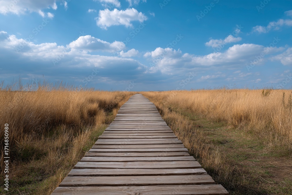 Obraz premium Wooden boardwalk path through field of dry grass under a blue sky with fluffy clouds