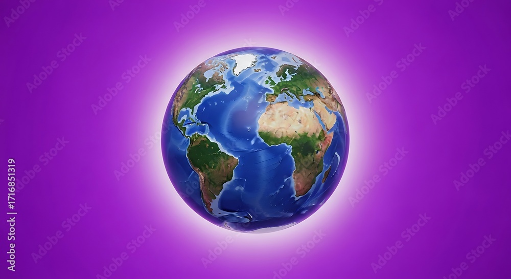 Fototapeta premium Globe on a purple backdrop, representing the planet Earth in 3D