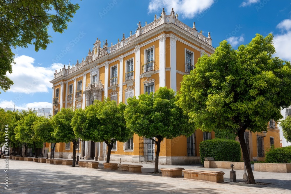 Fototapeta premium Yellow building with trees benches under a blue sky