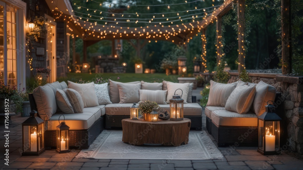 Fototapeta premium Outdoor patio seating arrangement with string lights
