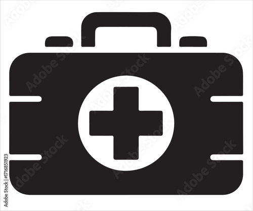 First aid kit icon with medical cross symbol isolated on white background, healthcare and emergency box illustration, black silhouette vector design for hospital, clinic, rescue, and medical assistanc