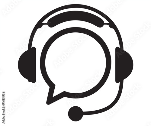 Headset with microphone and chat bubble icon isolated on white background, customer support service symbol, call center and communication illustration, black vector design for help, hotline, and assis