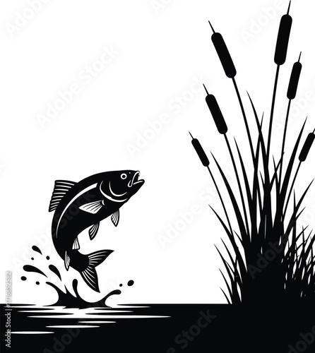 Black and white illustration of a fish jumping out of water near cattails in a natural setting scene