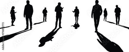 Silhouetted figures standing and walking on a white surface casting long shadows in a minimalist style art