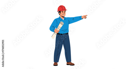Smiling male engineer pointing, holding blueprints, against white background; full body illustration, flat style, conveying confidence and professionalism.