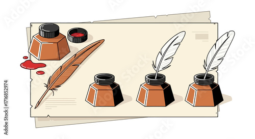 Vintage quill pens ink bottles and spilled ink on textured paper for writing and artistic creation vector
