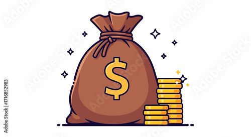 Cartoon money bag overflowing with gold coins and dollar symbol representing wealth and fortune vector