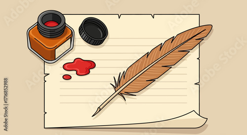Vintage quill pen inkwell and parchment paper for writing history and literature vector