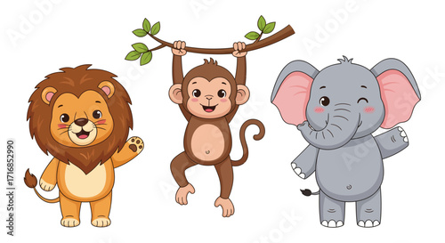 Cartoon lion, monkey, and elephant illustrations against a white background, featuring a playful and cheerful style, in a flat-lay composition.