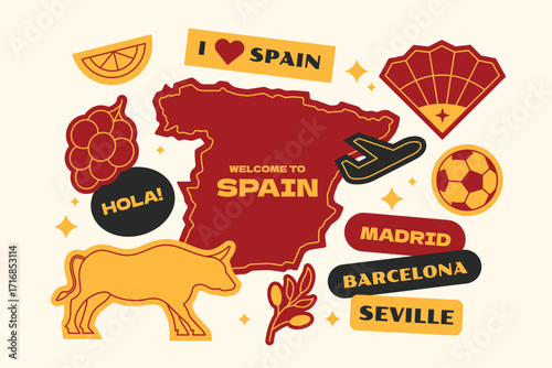 Spain travel stickers elements collection in flat style.