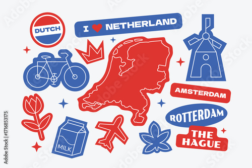 Netherland travel stickers elements collection in flat style.