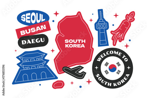 South korea travel stickers elements collection in flat style.