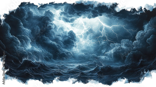 Dramatic ocean storm with lightning strikes and turbulent waves creates a fierce mood isolated on transparent background