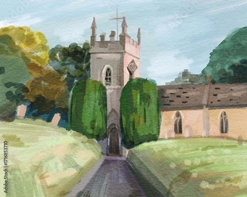 Idyllic Cotswold village landscape with a charming church, lush greenery, and classic architecture that captures England's timeless beauty. Watercolor illustration 
