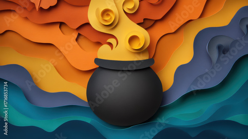 Colorful papercut illustration of a black cauldron with swirling yellow smoke, set against layered orange, blue, and teal abstract waves