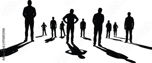 Silhouette of a group of people standing on a white surface with long shadows cast behind them all around