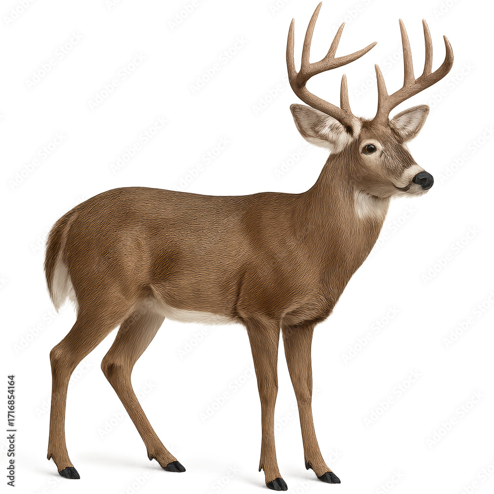 Obraz premium Majestic whitetail buck standing alert on seamless white studio backdrop with sharp antlers glossy eyes and soft shadow isolated for cutout