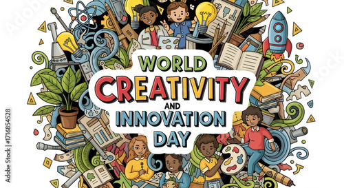 Flat lay illustration of diverse children celebrating World Creativity and Innovation Day, engaging in various creative activities against a dark background with a