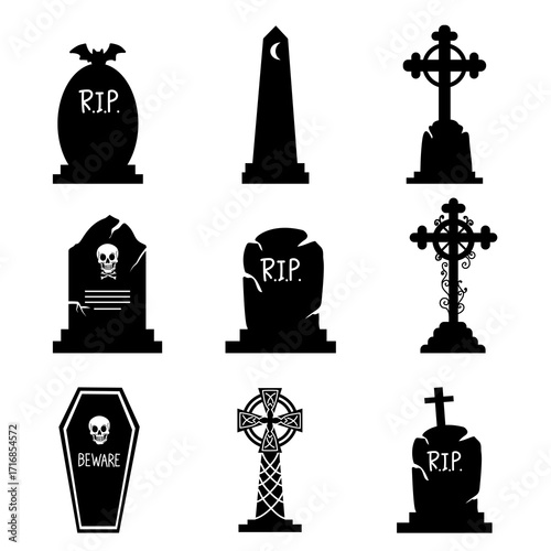 Halloween Gravestone and Coffin Vector Silhouettes