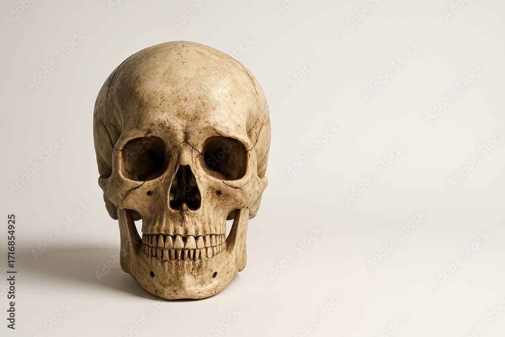 Fototapeta premium Antique human skull study isolated on pristine white studio background with dramatic side light forensic anatomy object high detail realistic cutout