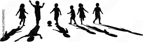 Silhouette of children playing with a ball and casting long shadows on a white background in an illustration