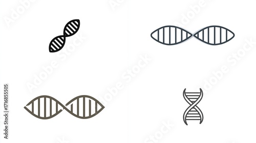 Abstract DNA molecule structure representations, double helix icons in various minimalist styles