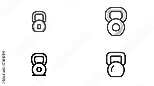 Four black and white kettlebell icons, each with a slightly different line style