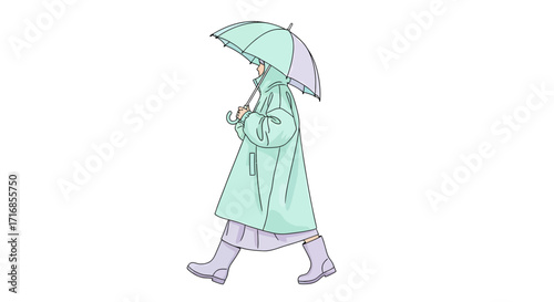 Illustration of a woman walking in the rain, holding a pastel umbrella, wearing a mint green raincoat and lilac boots, against a white background, in a minimalist style