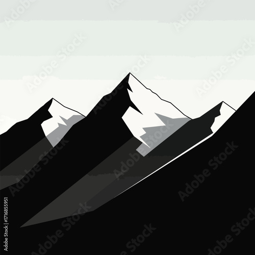 Illustration of three mountain peaks with snow caps in a minimalist black and white color scheme design