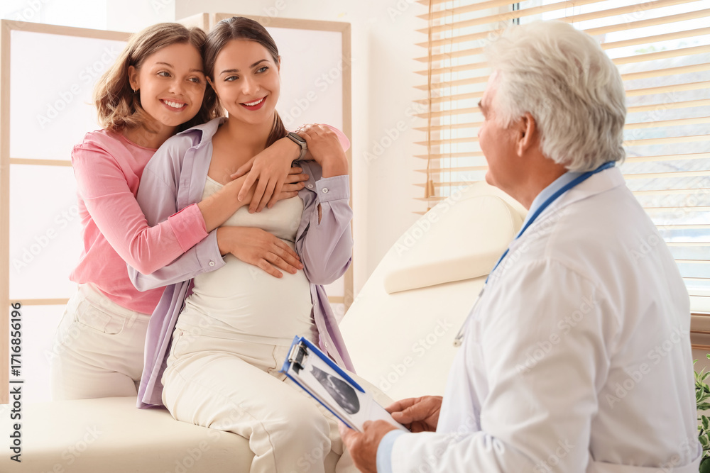 Obraz premium Pregnant lesbian couple visiting fertility doctor after IVF in clinic