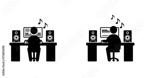 Two sound engineers editing audio on computers with studio monitors, flat illustration style, monochrome color scheme, against a white background.