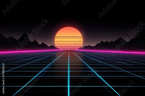 Abstract Retro-Futuristic Landscape with Glowing Neon Grid, Wireframe Mountains, and Vibrant Striped Sun