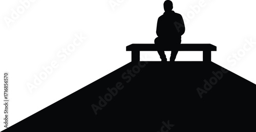 Silhouette of person sitting on a bench atop a hill against a white background in monochrome style art