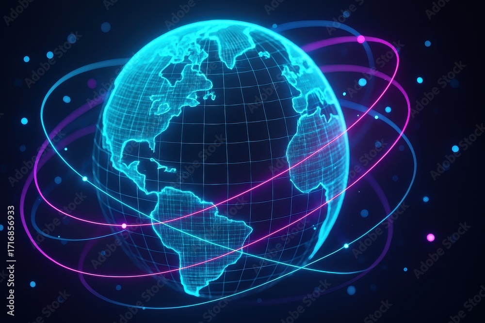 Fototapeta premium Luminous digital globe wrapped in neon data streams and a web of network nodes over dark grid background showing global connectivity and AI evolution