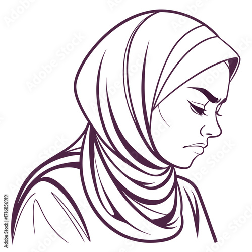 A Contemplative Woman Wearing a Hijab with a Frowning Expression