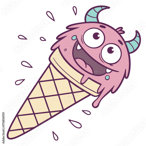 A Cartoon Ice Cream Cone Monster with Melted Ice Cream
