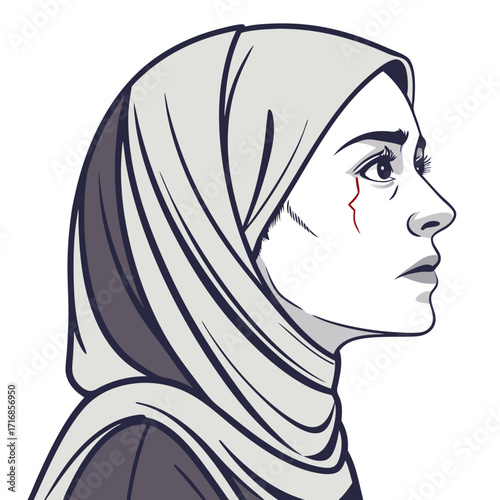 A Woman in a Hijab Profile View with a Scar Depicting Sadness
