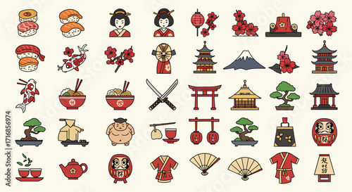 Flat lay of colorful Japanese culture icons, including food, clothing, and landmarks, against a white background in a simple, minimalist style with a warm, inviting mood.