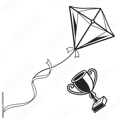 Black and White Kite and Trophy Depicting Achievement and Celebration