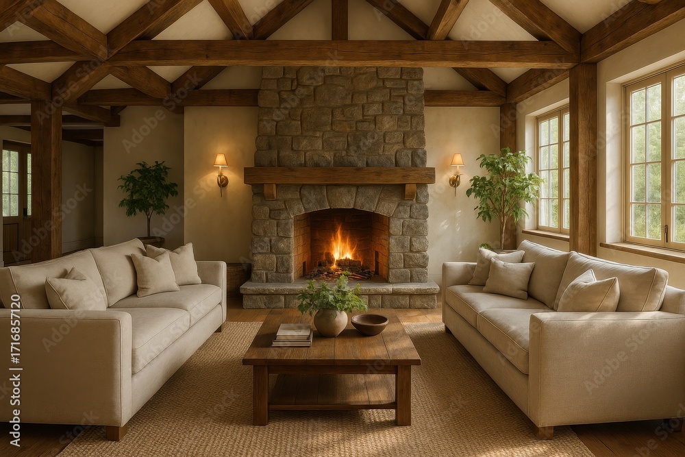 Fototapeta premium Luxury farmhouse living room with stone fireplace wood beams and linen sofas sunlit rustic elegance interior styling with warm ambient glow