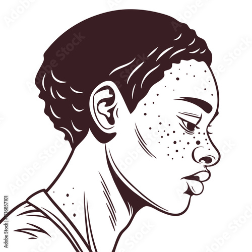 Line Art Portrait of a Young Person with Freckles and Short Curly Hair